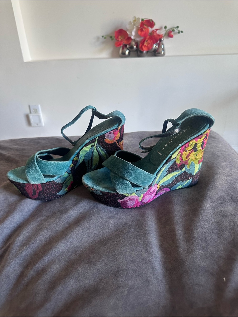Casadei Teal Floral Platform Wedge Sandals